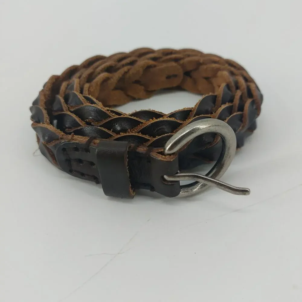 Brown Womens Sz M/L Leather Belt Braided Silver Tone Buckle
